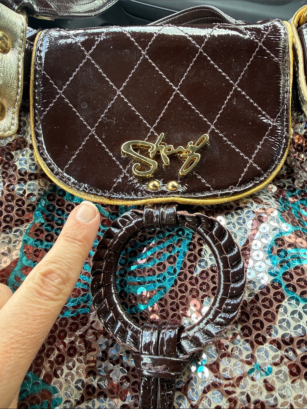 Sharif Sequin Leather Shoulder Bag Brown Teal Tassel Hobo - Picture 6 of 6
